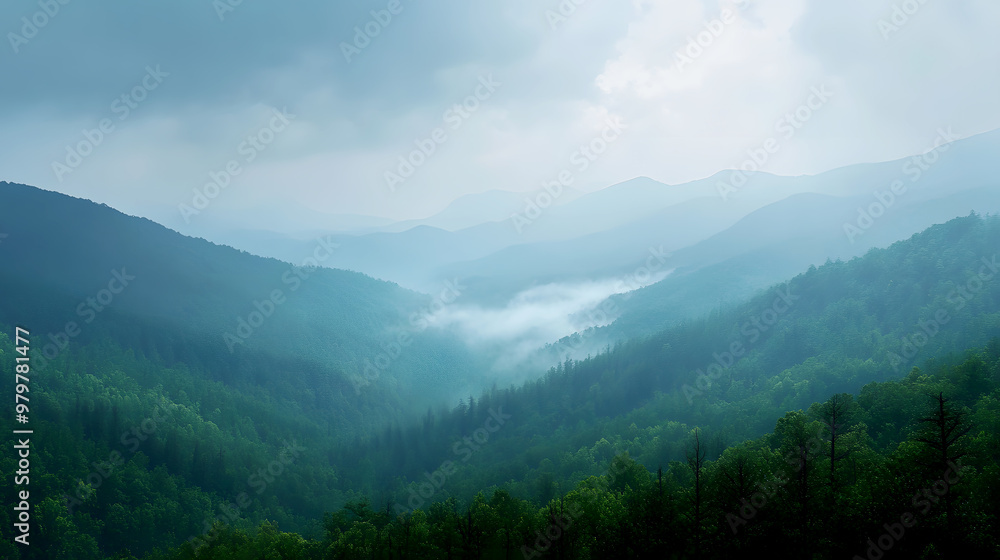 Fototapeta premium distant view of a rainstorm moving across the mountains, with mist rising from the forested