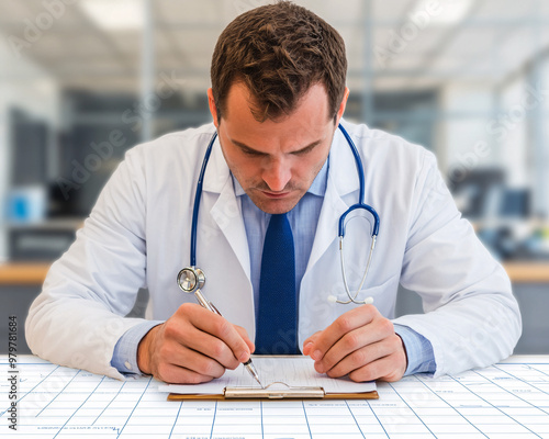 A focused doctor in a white coat examines medical documents with attention to detail in a modern office setting.