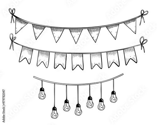 Autumn garlands vector set with pennant and light bulbs on isolated background. Linear black Illustration of hanging and bunting for festival or greeting cards design. Drawing for party design.