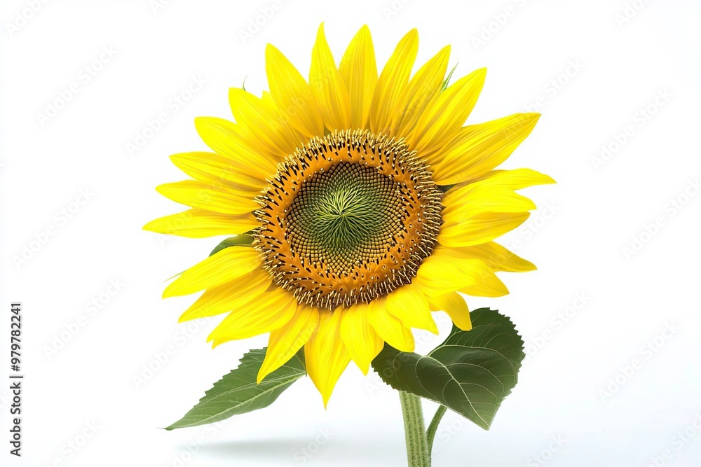 A vibrant sunflower showcasing its bright yellow petals and green leaves against a simple white background, symbolizing summer. A vibrant sunflower showcasing its bright yellow petals and green leaves against a simple white background, symbolizing summer.