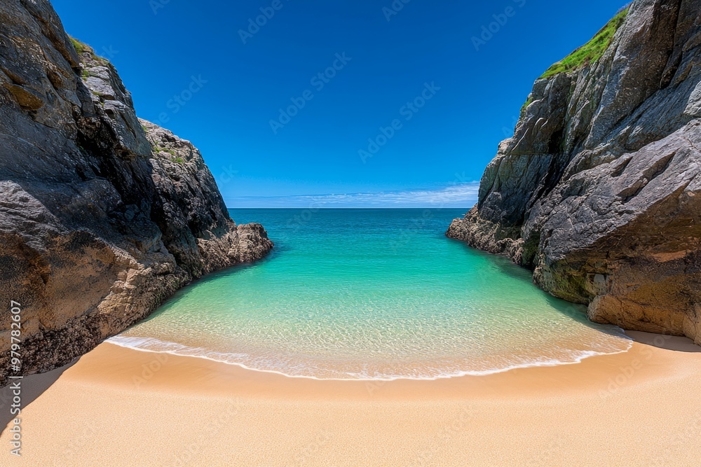 British Isles coastline showing a peaceful cove in Cornwall, with golden sands and turquoise waters British Isles coastline showing a peaceful cove in Cornwall, with golden sands and turquoise waters