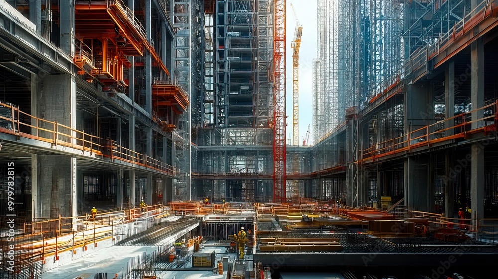 An expansive construction site showcasing towering cranes and steel frames under a bright sky, symbolizing urban development. An expansive construction site showcasing towering cranes and steel frames under a bright sky, symbolizing urban development.