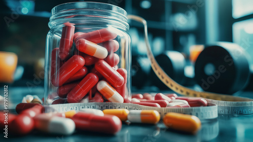 red and white capsules in a glass jar close up to dumbblles photo