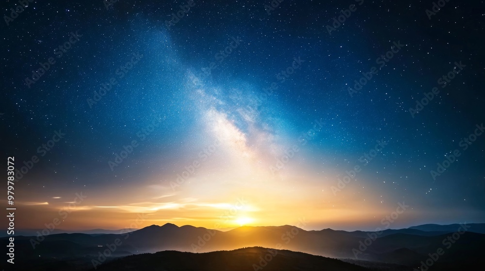 Fototapeta premium Horizon under starry sky, light clouds, deep darkness.