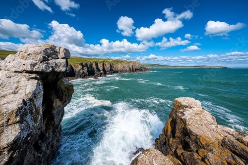 British Isles coastline with rugged cliffs rising above the crashing waves of the Atlantic Ocean photo