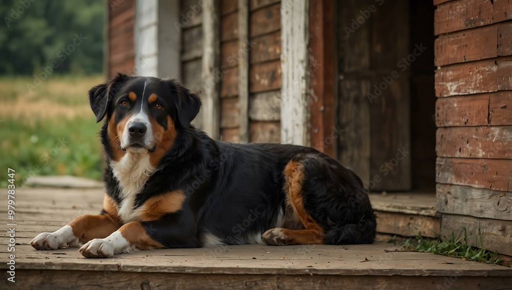 Old farm dog resting on the porch Old farm dog resting on the porch
