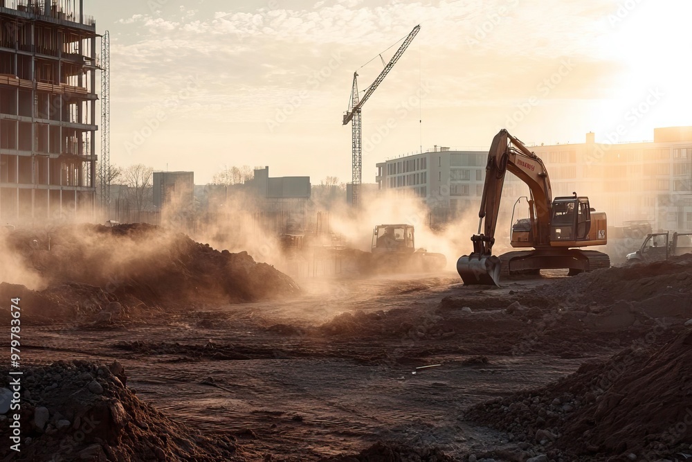 Construction site at sunset, featuring heavy machinery and dust, creating a dramatic industrial landscape. Construction site at sunset, featuring heavy machinery and dust, creating a dramatic industrial landscape.