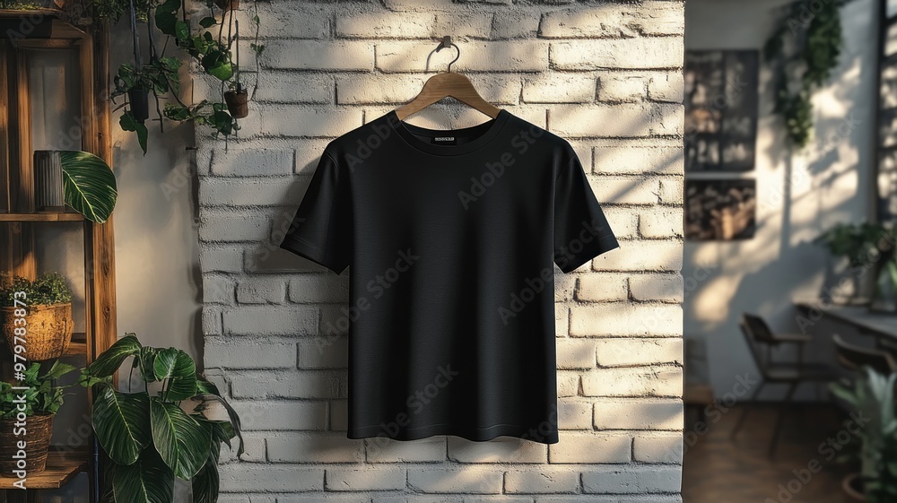 Naklejka premium A black t-shirt hanging against a white brick wall, creating a striking contrast in a minimalist urban environment that emphasizes casual style and a modern aesthetic.