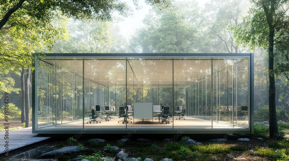 Modern Glass Office Building Amidst Green Forest Setting Modern Glass Office Building Amidst Green Forest Setting