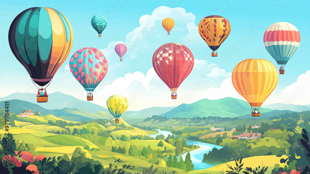 Fototapeta premium Hot Air Balloons Over Lush Countryside Landscape