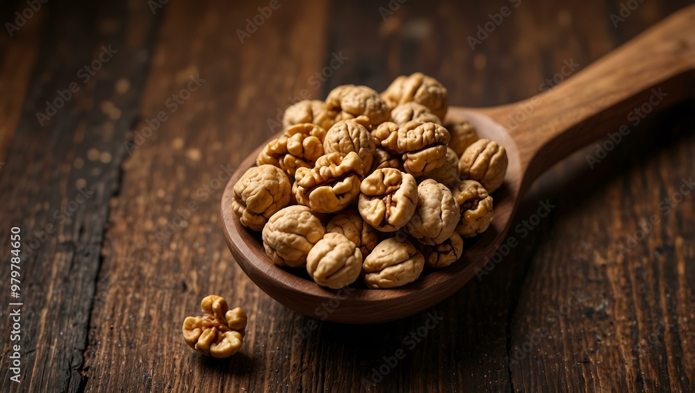 Old spoon with walnut kernels on a wooden table, close-up food photography. Old spoon with walnut kernels on a wooden table, close-up food photography.