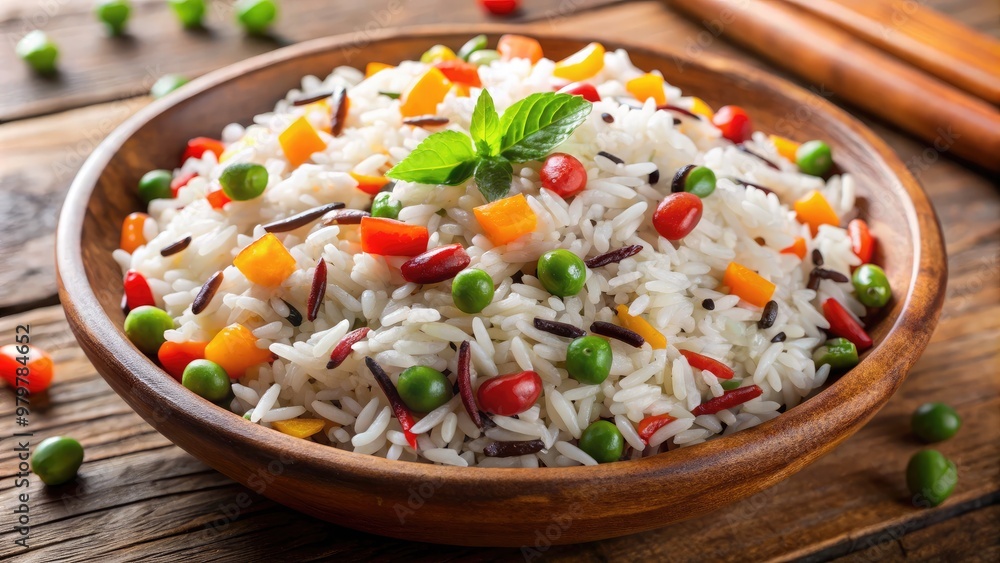 A vibrant and colorful dish of arroz maluco, a Brazilian-style rice dish with mixed vegetables, spices, and garnishes, served in a rustic bowl A vibrant and colorful dish of arroz maluco, a Brazilian-style rice dish with mixed vegetables, spices, and garnishes, served in a rustic bowl