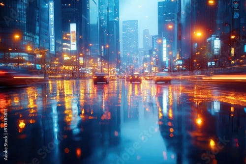 blurred cityscape of bustling business district with streams of light from moving vehicles cool blue tones and motion blur convey urban energy and corporate dynamism