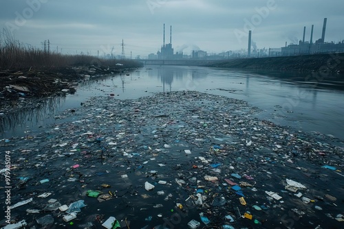 Polluted waterway filled with trash, reflecting industrial landscape under a gray sky, highlighting environmental degradation. photo