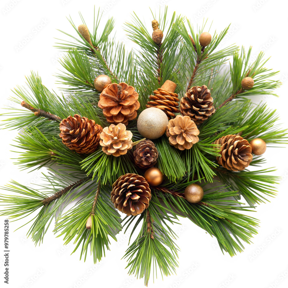 Wreath made of pine branches, pinecones, and gold ornaments with a traditional holiday design Wreath made of pine branches, pinecones, and gold ornaments with a traditional holiday design