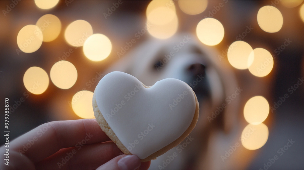 Cute dog and gingerbread heart in hand on blurred background. Love and friendship between dog and owner Cute dog and gingerbread heart in hand on blurred background. Love and friendship between dog and owner