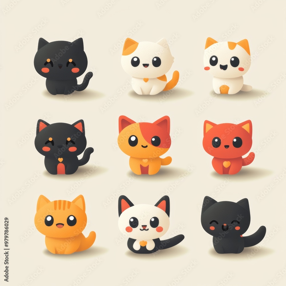 Fototapeta premium Cute Cartoon Cats Set Adorable Cat Illustration Kawaii Pet Animals Digital Clipart Pe