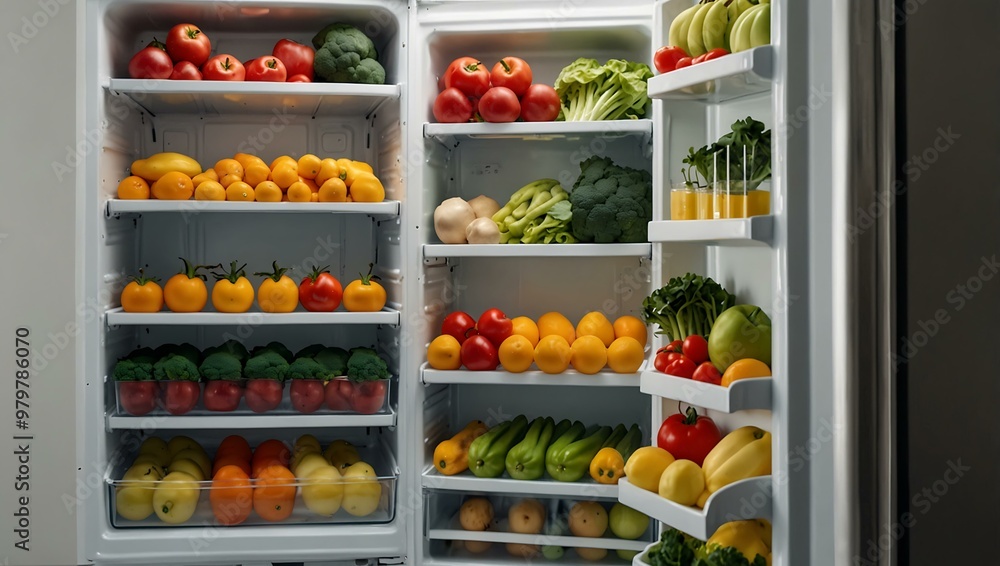Open white refrigerator with fresh produce and dairy Open white refrigerator with fresh produce and dairy