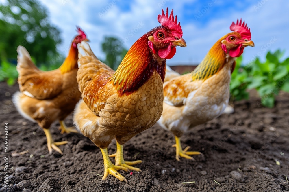 Fototapeta premium Farm animals like chickens clucking around the barnyard, searching for bugs in the soil