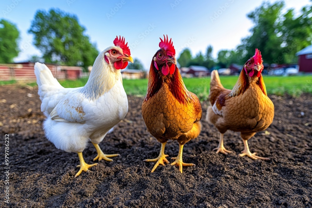 Fototapeta premium Farm animals like chickens scratching the ground for food in the barnyard