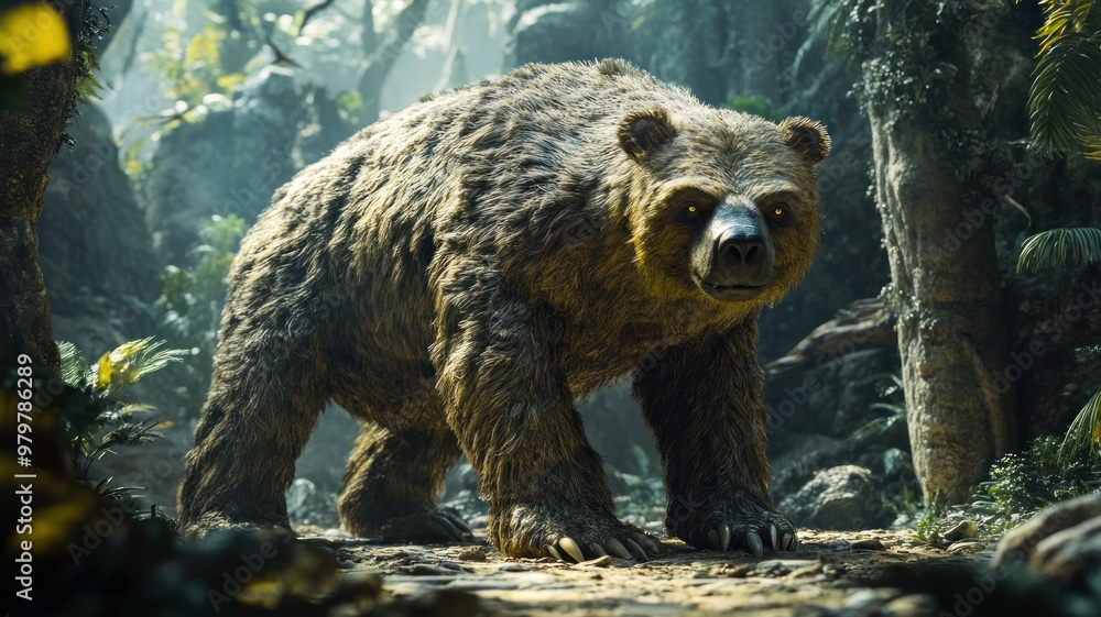 Fototapeta premium Revived giant ground sloth in a simulated prehistoric environment with advanced habitat features and tech enhancements.