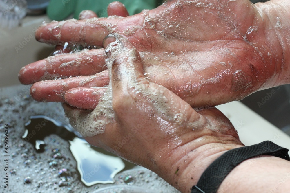 man washing dirty hands at sink with soap lather man washing dirty hands at sink with soap lather