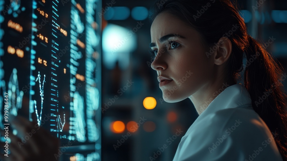 Researcher using AI to analyze genetic data in a state-of-the-art lab with advanced equipment. Researcher using AI to analyze genetic data in a state-of-the-art lab with advanced equipment.