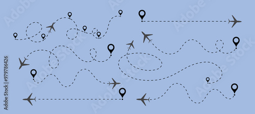 Airplane line path vector design, Air plane flight route with line trace vector illustration. Dashed route travel concept, Airplane line path vector