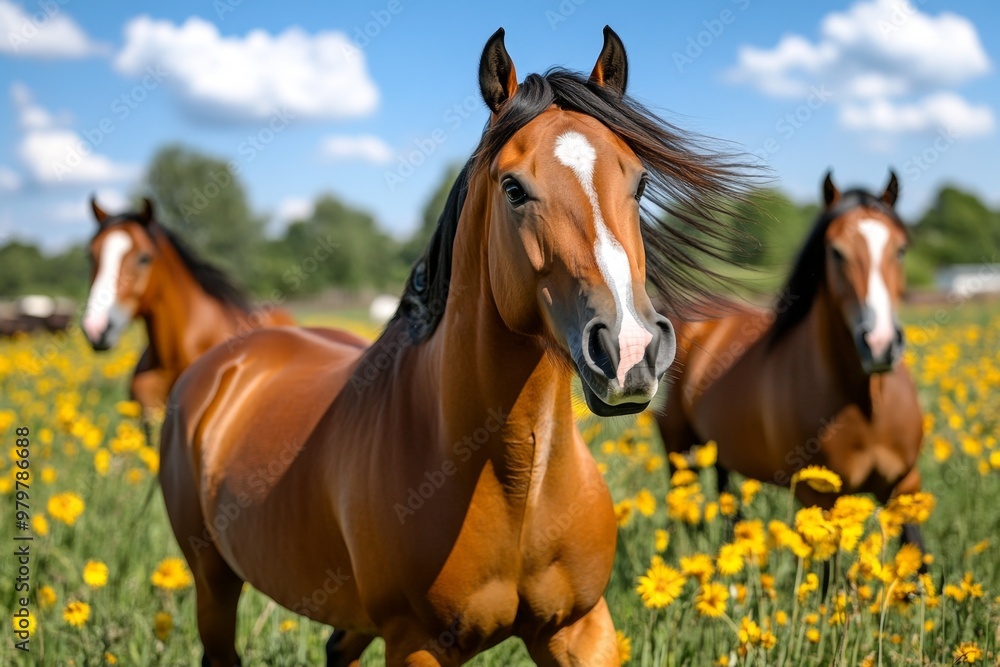 Fototapeta premium Farm animals like horses trotting in a paddock, their manes blowing in the wind