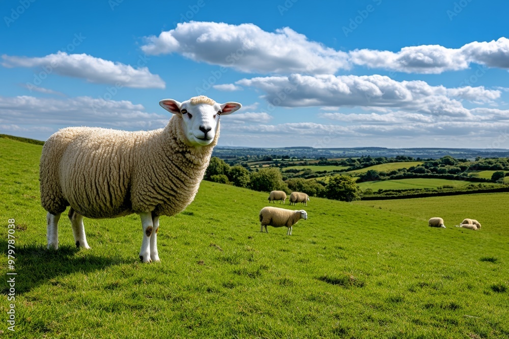 Farm animals like sheep peacefully grazing on a green hillside, with a beautiful view of the countryside