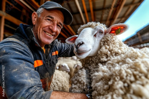 Farm animals like sheep being sheared by the farmer, their wool piling up in the corner