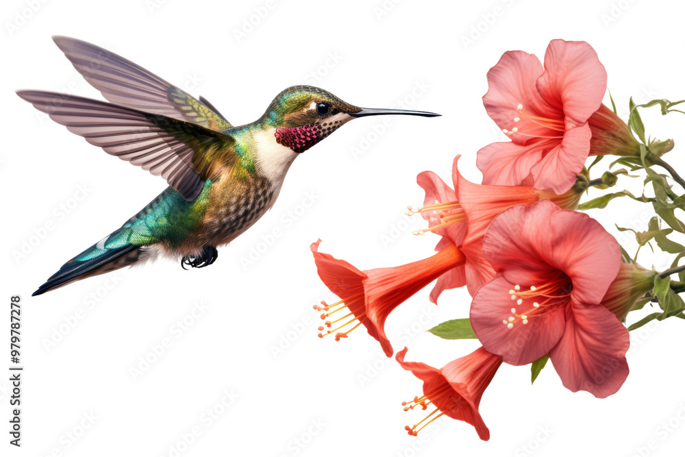 Fototapeta premium Hummingbird hovering near a flower, showcasing the agility of small birds ,Isolated on transparent background.,Isolated on transparent background