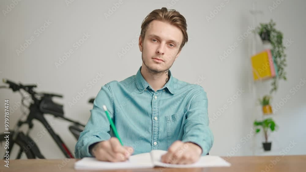 Man college student studying at home, sitting at desk talking with teacher and answers questions, listening lesson online on computer. Modern online education Man college student studying at home, sitting at desk talking with teacher and answers questions, listening lesson online on computer. Modern online education