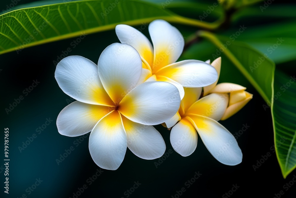 Frangipani blossoms in Hawaii, their fragrant white and yellow petals glowing under the tropical sun Frangipani blossoms in Hawaii, their fragrant white and yellow petals glowing under the tropical sun
