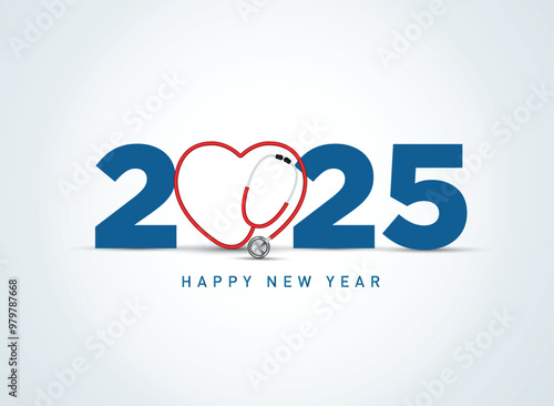 2025 new year Healthcare concept. Healthy new year- creative vector illustration for 2025 new year. Doctor stethoscope with smiling heart and blue background.