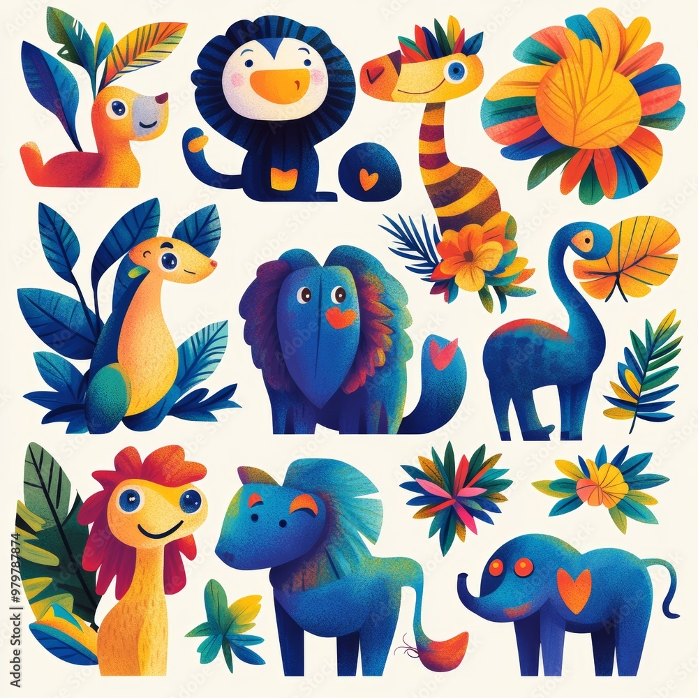Cute Cartoon Animals and Tropical Plants Illustration Cute Cartoon Animals and Tropical Plants Illustration