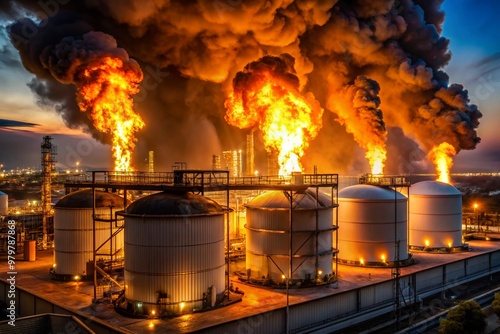 Fire. White spherical tanks for storing oil on fire at an outdoor refinery. Tanks for petroleum products are equipment for industrial spherical oil storage.