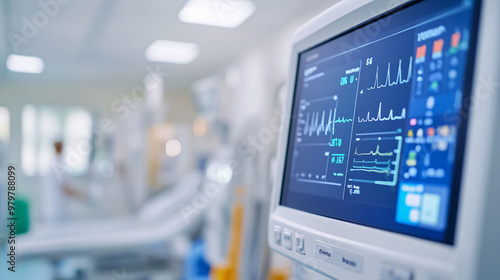 Close-up of a medical monitor displaying vital signs in a hospital environment, showcasing advanced technology and patient care.