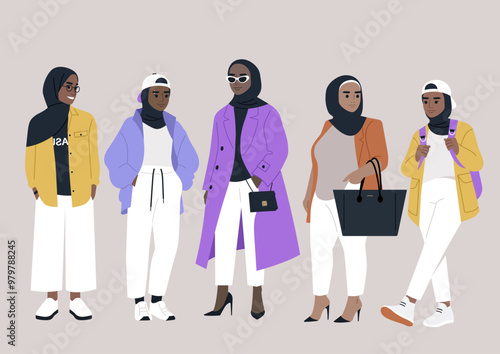 The group of fashionable women in hijabs confidently display their individual styles in lively outfits, embodying empowerment and unity in a modern urban environment