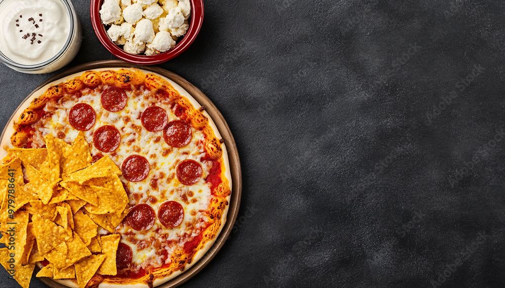 Delicious pepperoni pizza served with crispy nachos and popcorn, perfect for a movie night or party snack. Delicious pepperoni pizza served with crispy nachos and popcorn, perfect for a movie night or party snack.