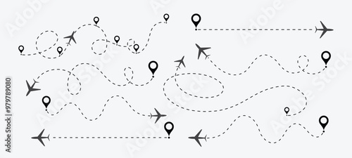 Airplane line path vector design, Air plane flight route with line trace vector illustration. Dashed route travel concept, Airplane line path vector