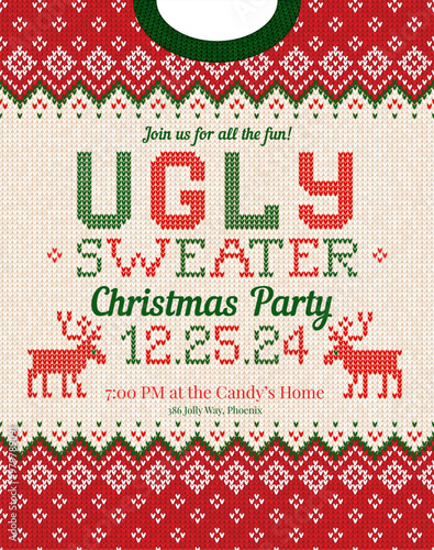 Christmas party invitation ugly sweater design, festive red, green, white knitted patterns. Reindeer motifs, playful typography, fun cozy holiday atmosphere, touch of nostalgia. Ugly Sweater Party.