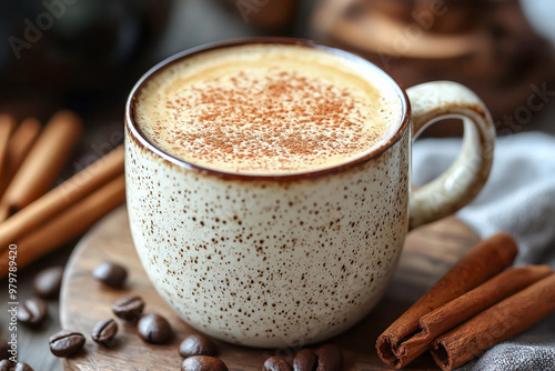 Cup of cinnamon coffee with frothy cream, surrounded by coffee beans and cinnamon sticks.