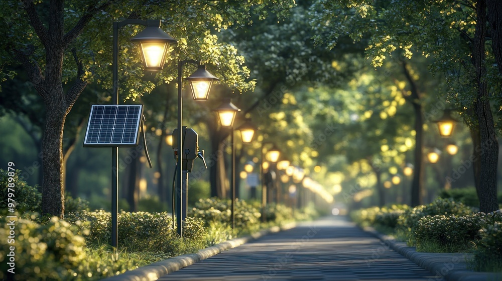 Obraz premium City park with solar-powered street lights, electric vehicle charging stations.