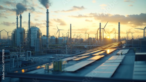 Industrial area with large wind turbines, solar panels on rooftops.