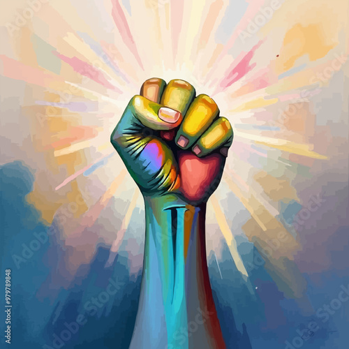 A raised fists in rainbow colors against a colorful, abstract background with rays of light, representing unity, pride, and social justice. International human rights day