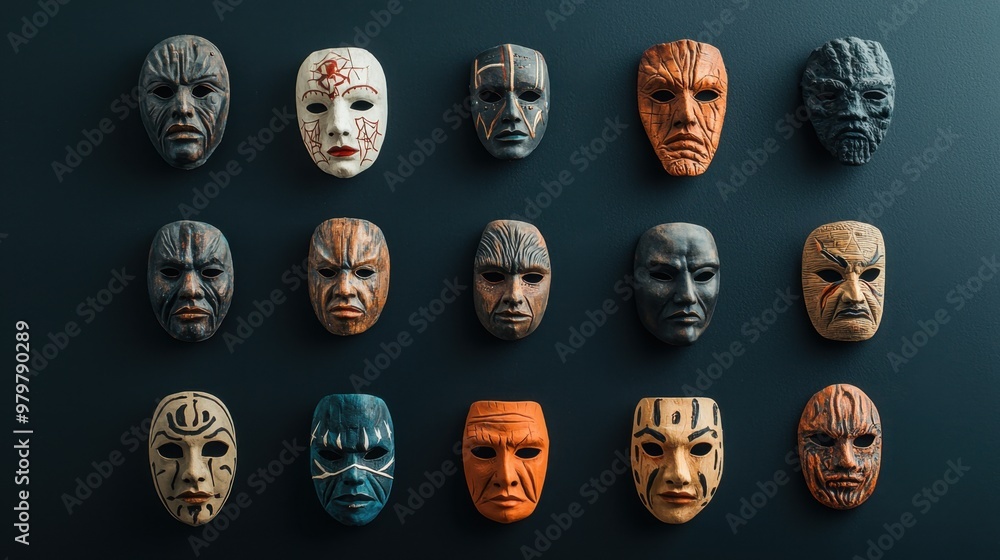 Collection of Theatrical Masks on Black Background Collection of Theatrical Masks on Black Background