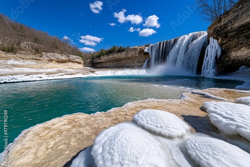 Majestic waterfall in late winter, as the ice begins to melt and the water flows more freely with the approaching spring photo