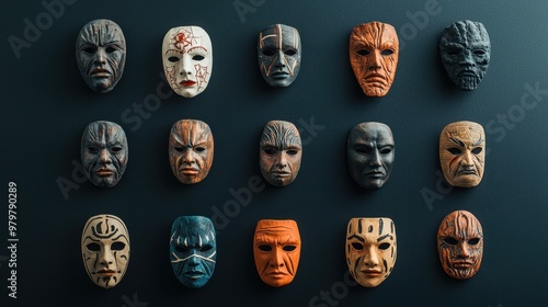 Collection of Theatrical Masks on Black Background