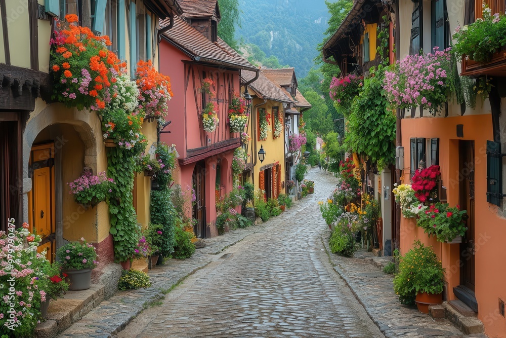 charming european village street vibrant shop facades hanging flower baskets cobblestone road warm sunlight bustling with quaint storefronts and pedestrians charming european village street vibrant shop facades hanging flower baskets cobblestone road warm sunlight bustling with quaint storefronts and pedestrians